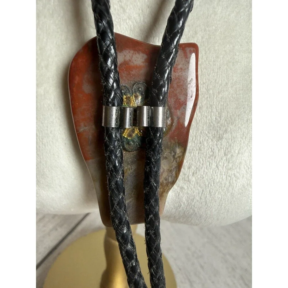 Handcrafted Natural Agate Jasper Stone Slab Bolo Tie Black Braided Leather Cord